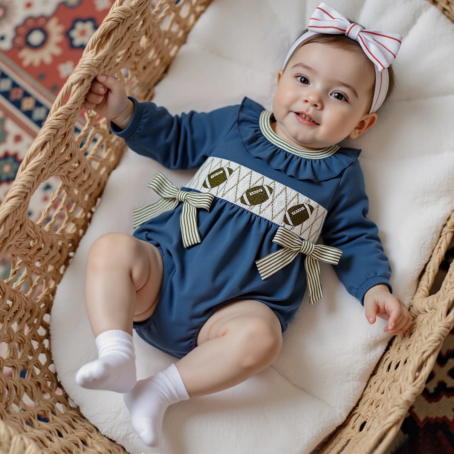 Baby Girls Autumn Winter Romper - Football Embroidery Ruffled Bubble Jumpsuit with Bow (0-18M)