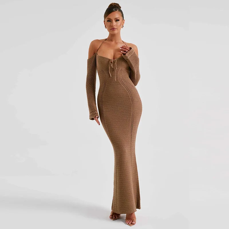 Women's Off Shoulder Halter Knit Dress - Long Sleeve Elegant Backless Tie Front Maxi Dress