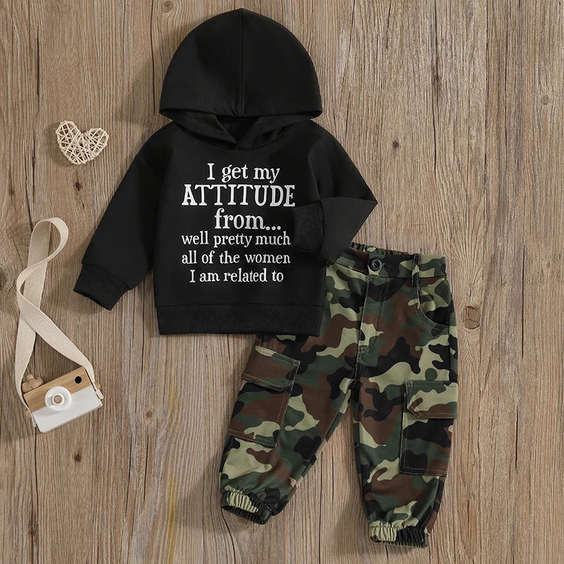 1-6Y Kids Boys Casual Clothes Set - Letter Print Long Sleeve Hooded Pullover Top and Camouflage Pants