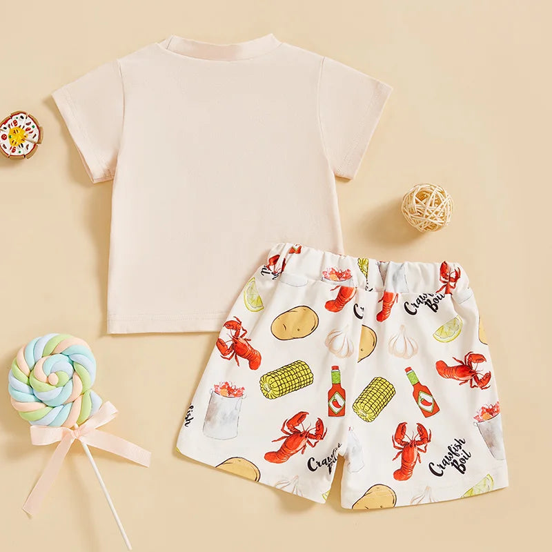 Boys Summer Outfit Set - Cartoon Letter T-shirt & Lobster Print Shorts