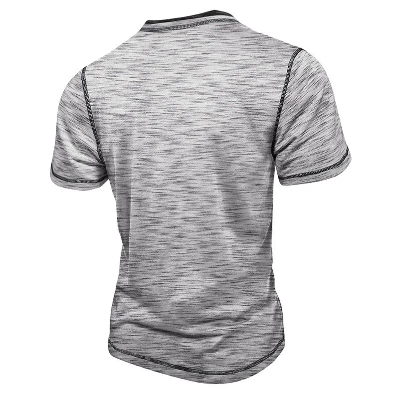 Men's Summer Henry Collar Patchwork Short Sleeve Casual Breathable Pullover T-Shirt