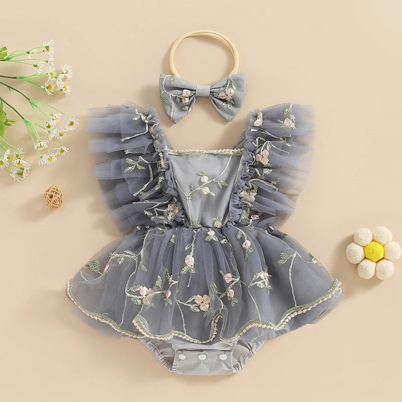 Baby Girls Summer Romper Dress with Headband - Floral Embroidery Tulle Jumpsuit