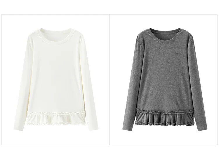 Long Sleeve Solid Color Lettuce Edge Slim Fit Ruffle Hem Top
