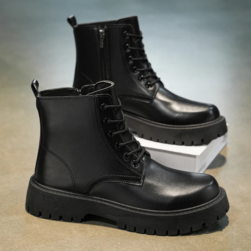 Men's Leather Platform Boots - Thick Sole Motorcycle Sneaker Boots