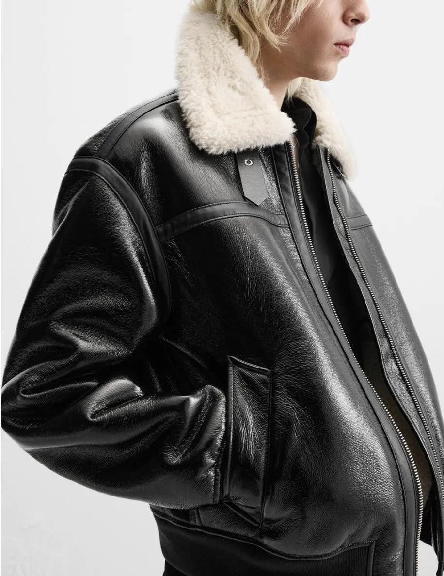 Men's Retro lapel Faux fur collar Integrated thermal PU leather Jacket