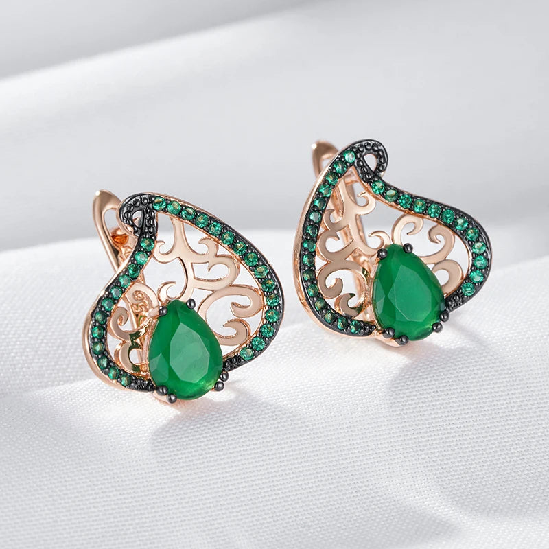 Women 585 Rose Gold and Black Plating Vintage Green Natural Zircon Crystal Flower Drop Earrings