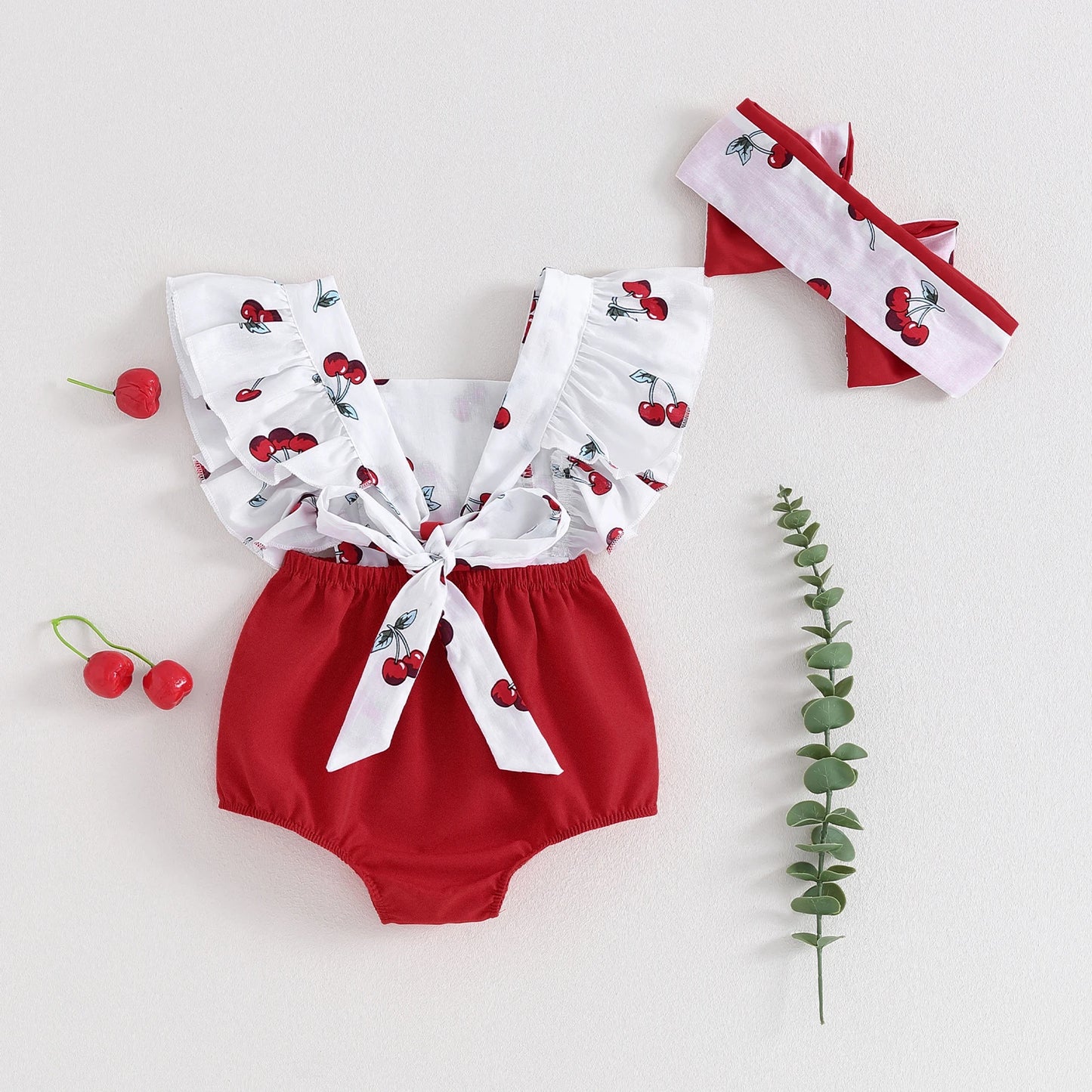 0-18M  Baby Girls Summer Romper Sets Ruffles Fly Sleeve Fruit Print Backless Jumpsuits