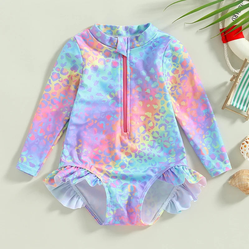 0-6Y Toddler Kids Baby Girl Swimsuit - Fish Scale Print Ruffles Long Sleeve Zipper Jumpsuit Swimwear Beachwear