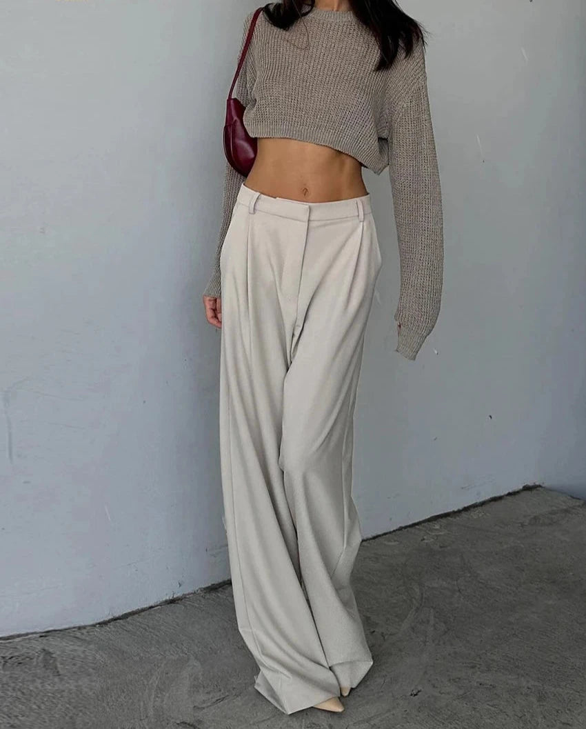 Women's Loose Apricot High Waist Casual Classic Wide Trousers