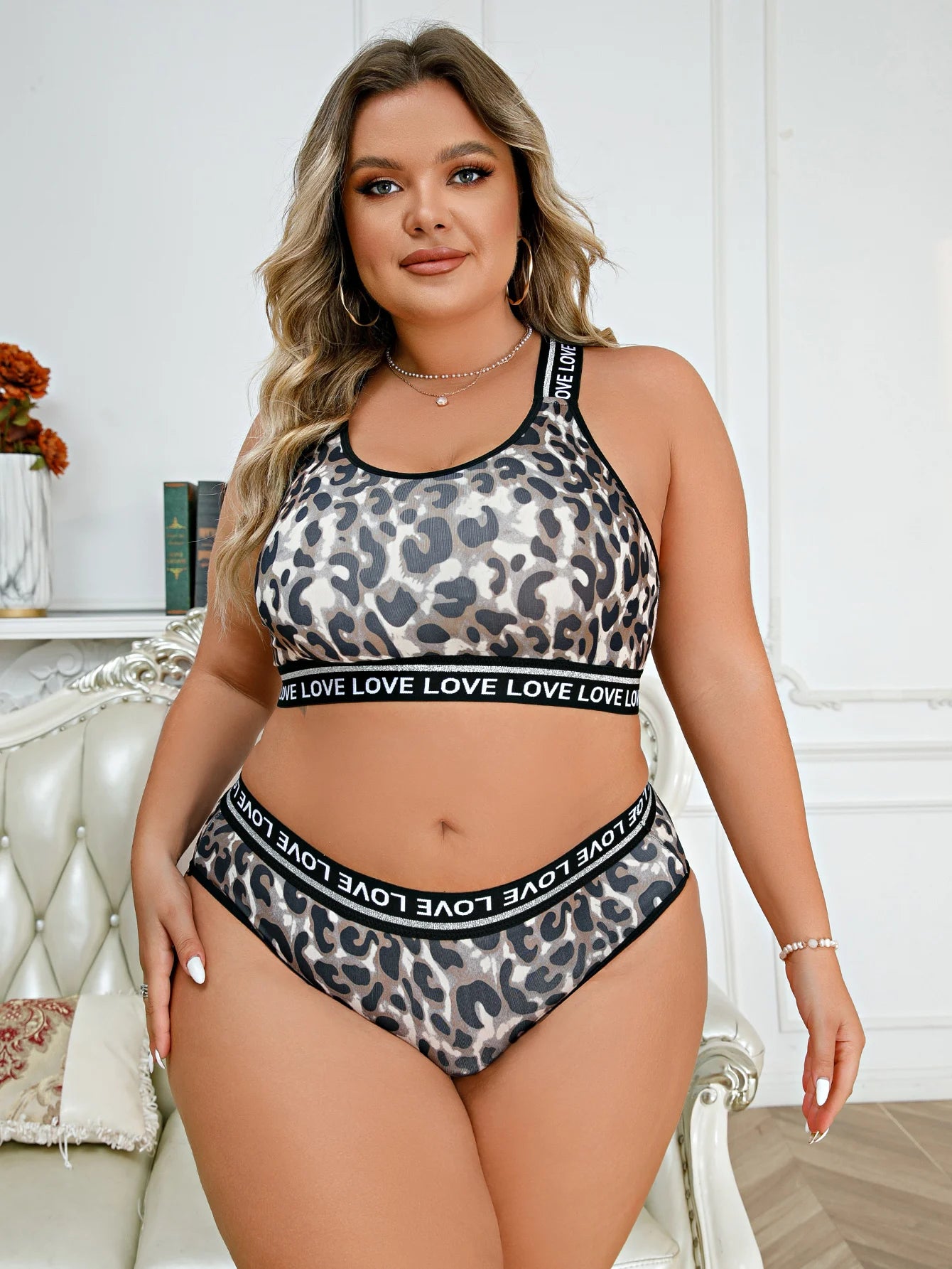 2pcs Women's Plus Size Leopard Print High Stretch Lingerie Set