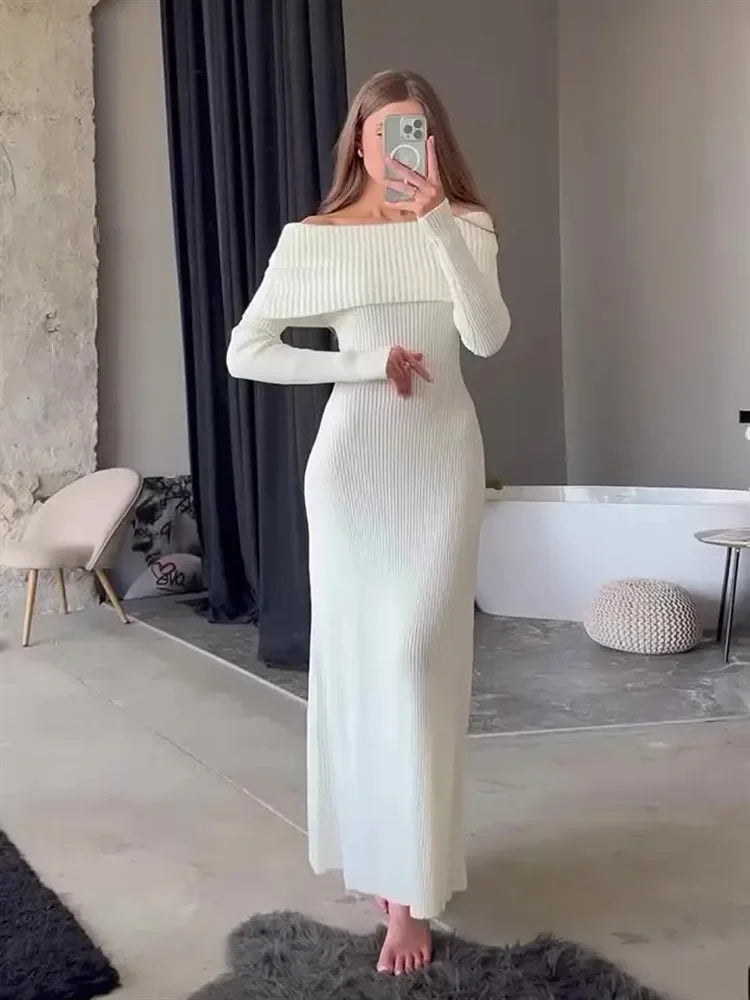 Women's Long Off-Shoulder Ribbed Loose High Waist Knitwear Maxi Dress