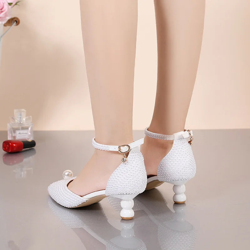 Women's 5cm Round Heel Shaped Heel Pearl Sandals