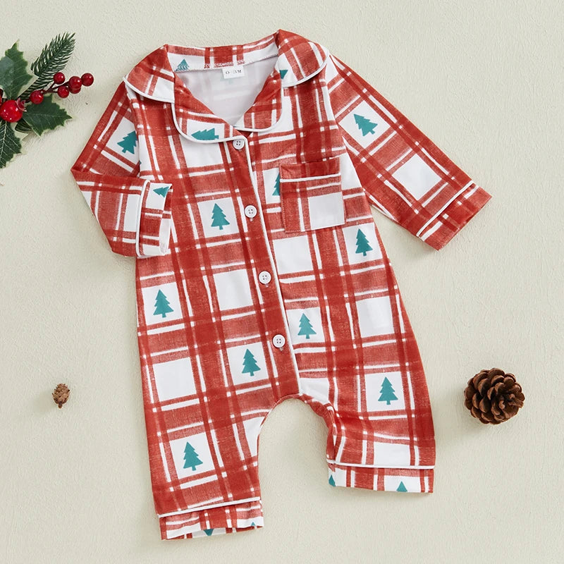 Christmas Pajama Romper - Baby Boys Girls Xmas Tree Plaid Jumpsuit
