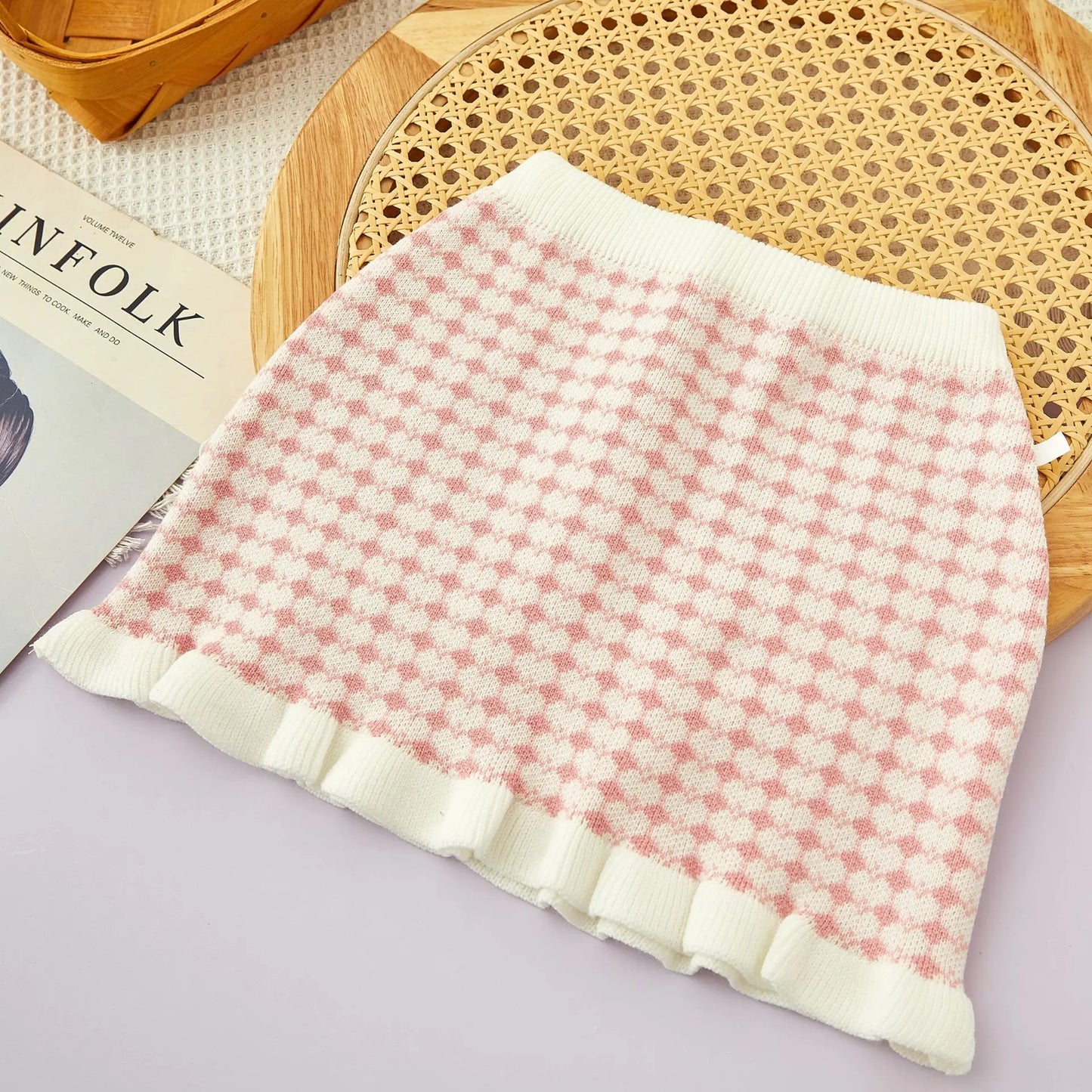 Girls Winter Knitted Cardigan & Skirt Set – Checkered Plaid