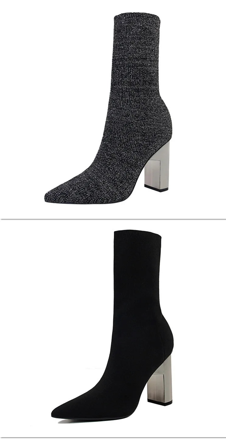 Women's Elastic Sock Boots - Metal Block Heel Ankle Boots Plus Size Available