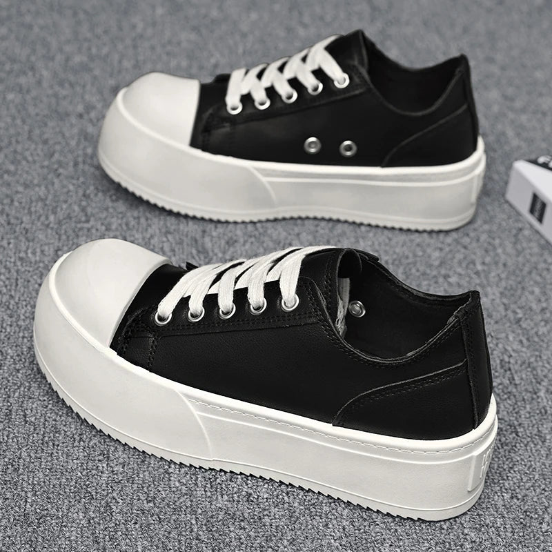 Men's Leather Platform Sneakers - Vulcanized Tennis Sports Shoes