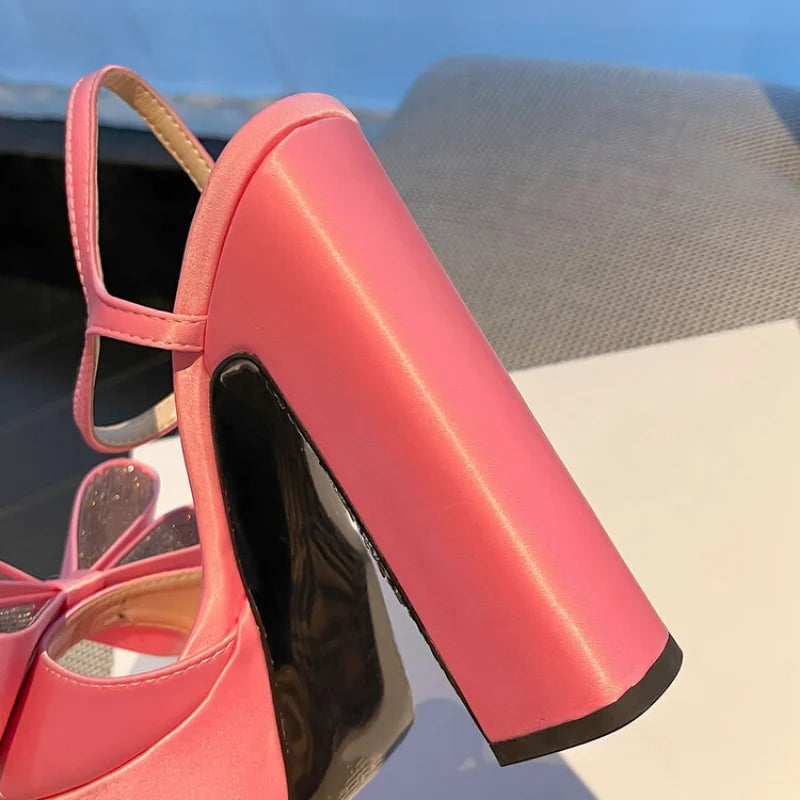 Women's Butterfly Rhinestone Thick Heel Sandals - Open Toe Party Shoes