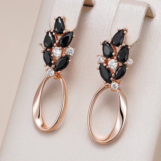 Women 585 Rose Gold Colour Glossy Black Natural Zircon Hollow Geometric Drop Earring