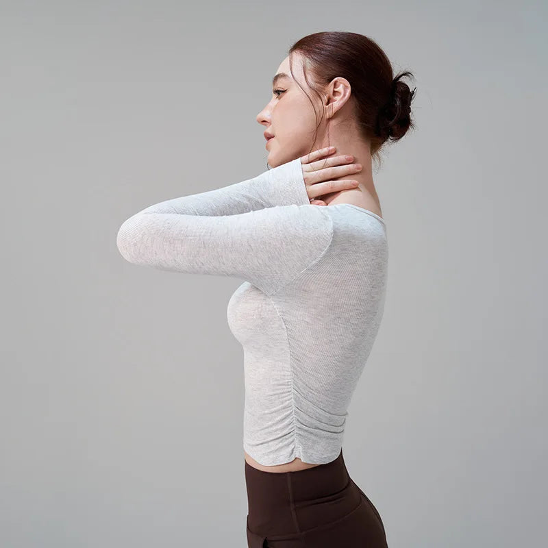 Ribbed Gym Top - Long Sleeve Drape Sides Yoga Shirt with Dry Fit