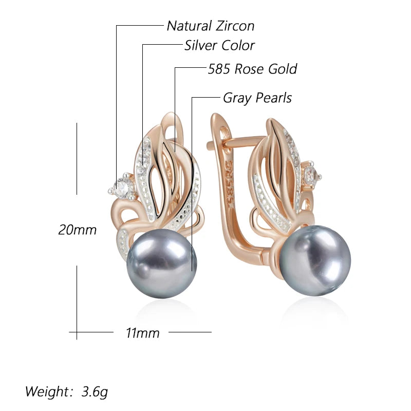 Natural Zircon Flower Gray Pearl Drop Earrings - Rose Gold Boho Wedding Jewelry