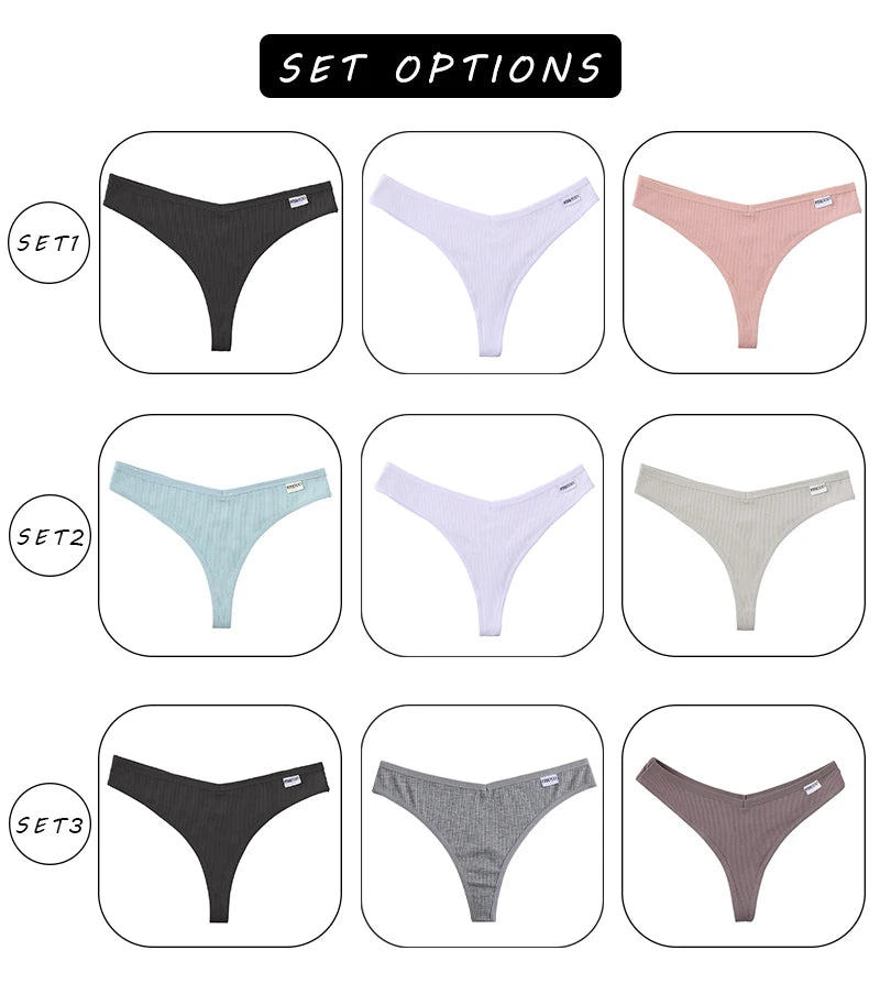 3PCS Cotton Thongs Women's Underwear Set - Sexy Low Waist G-String T-Back Lingerie