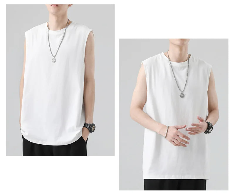 Men's Summer Cotton Sleeveless Loose Vest Sports Comfortable Breathable Round-Neck Tank Top