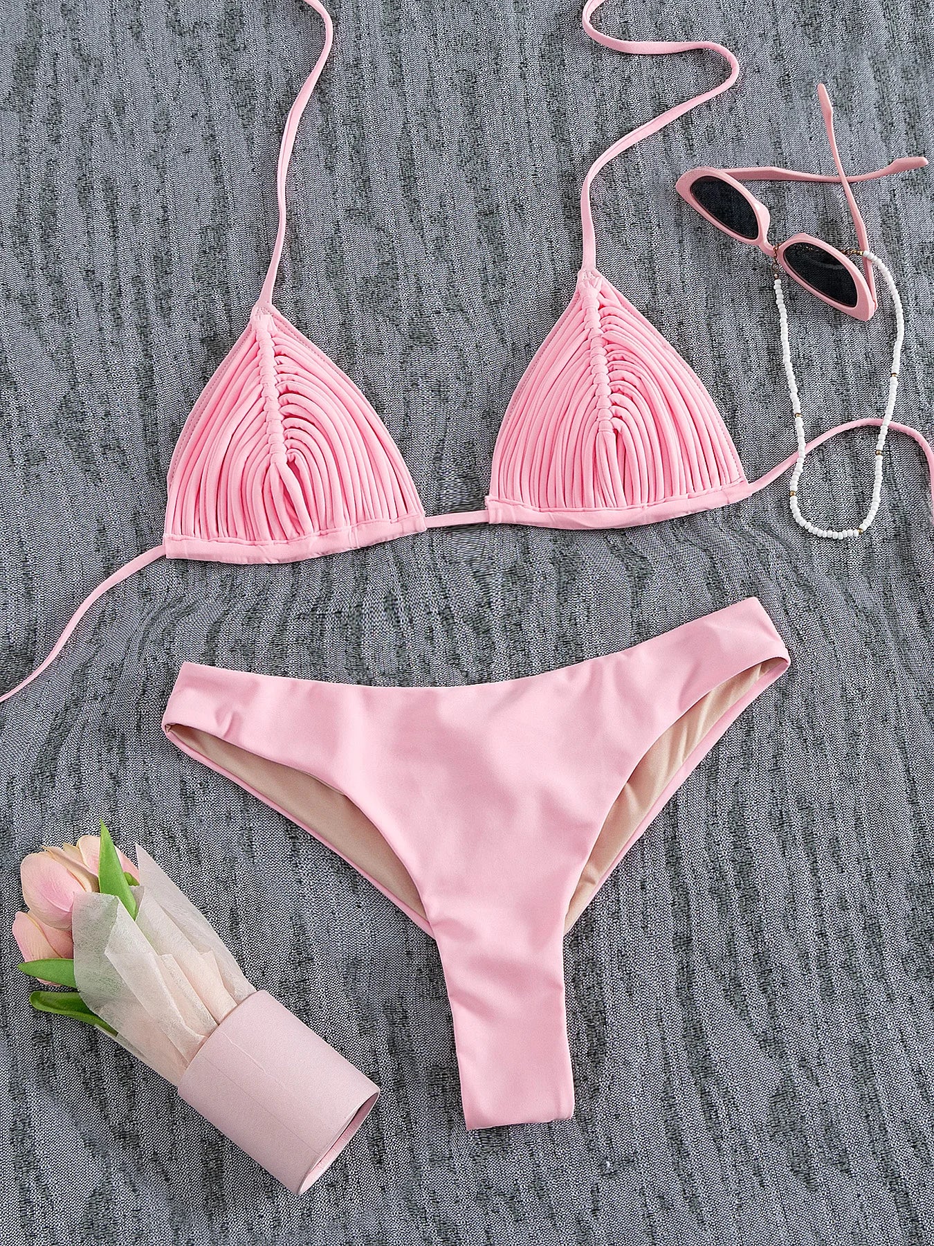 Braided V-Neck Halter Bikini Set - Summer Beachwear
