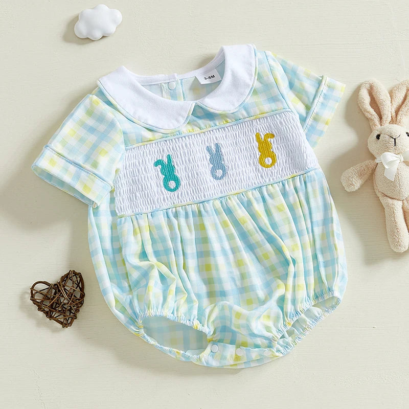 Baby Easter Romper with Bunny Embroidery - Smocked Doll Collar Bodysuit (Unisex)