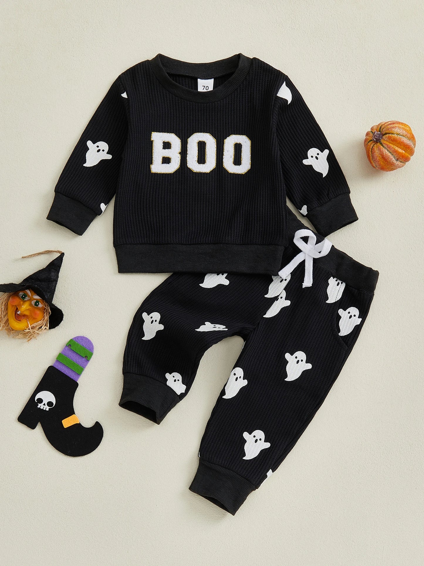 Toddler Boy's Halloween Outfit Set - Ghost Print Sweatshirt & Elastic Pants