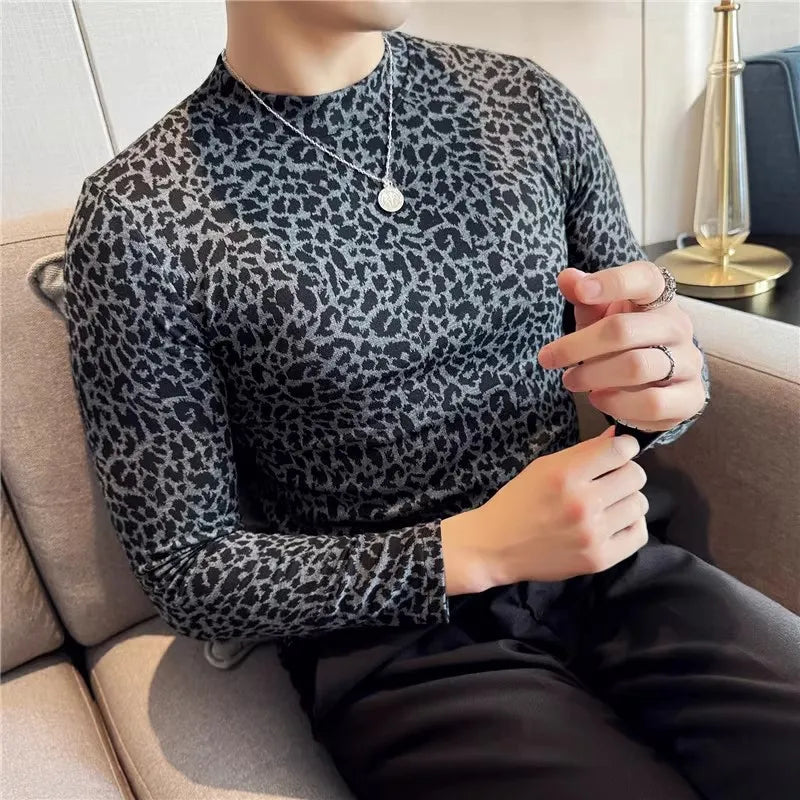 Men's Leopard Print Slim Fit Long Sleeve Mock Neck  Elastic T-shirt