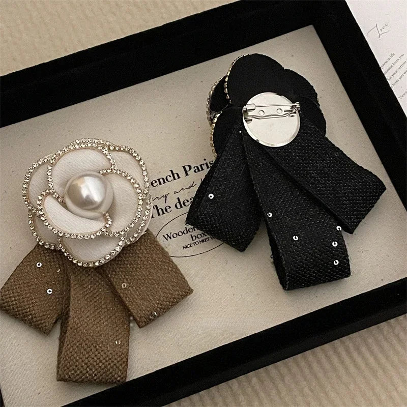 Retro Fabric Camellia Flower Brooch - Bow Crystal Pearl Tassel Lapel Pin