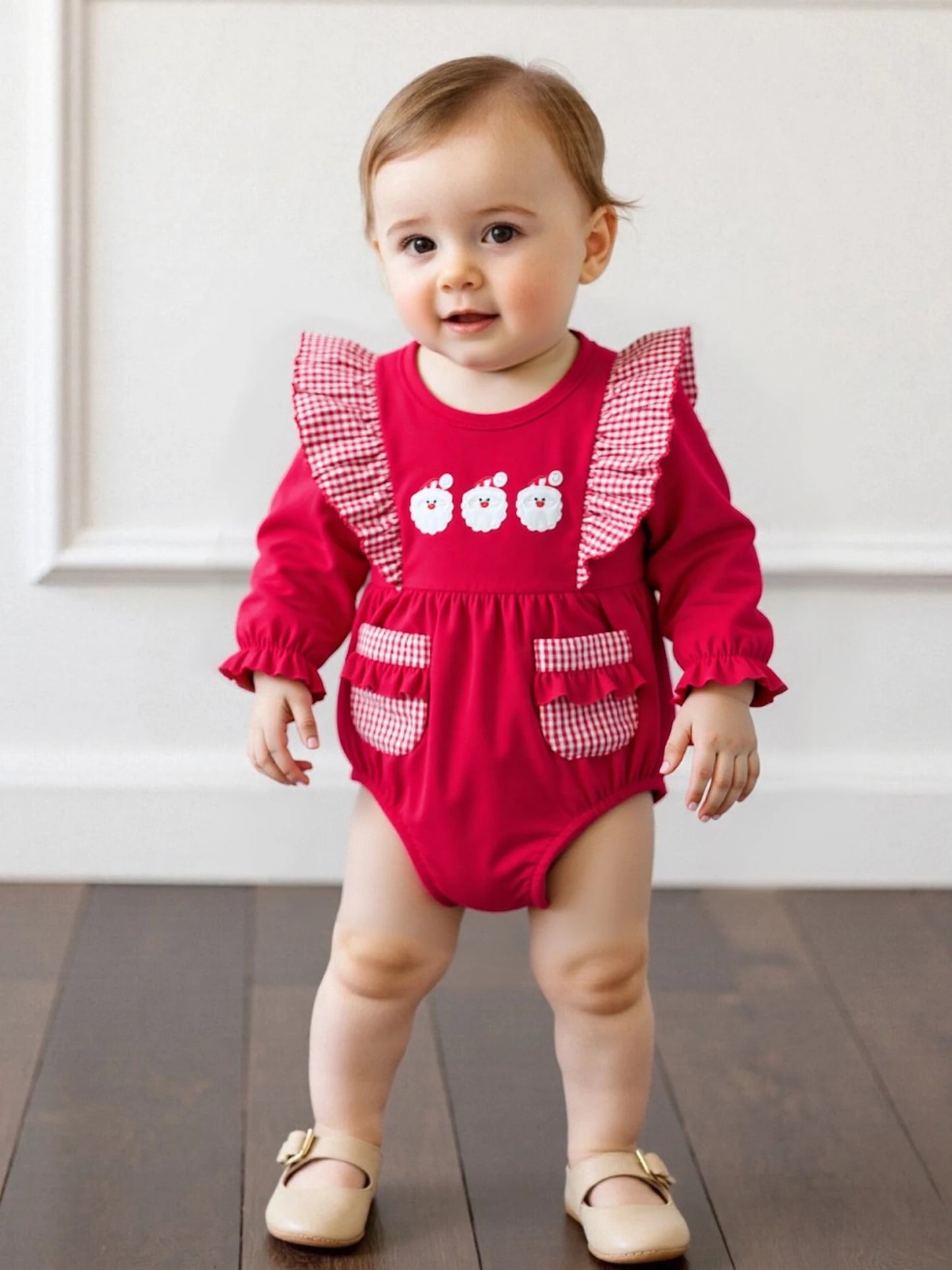 Baby Christmas Romper - Santa Plaid Ruffle Trim Long Sleeve Bodysuit with Pockets (0-18M)