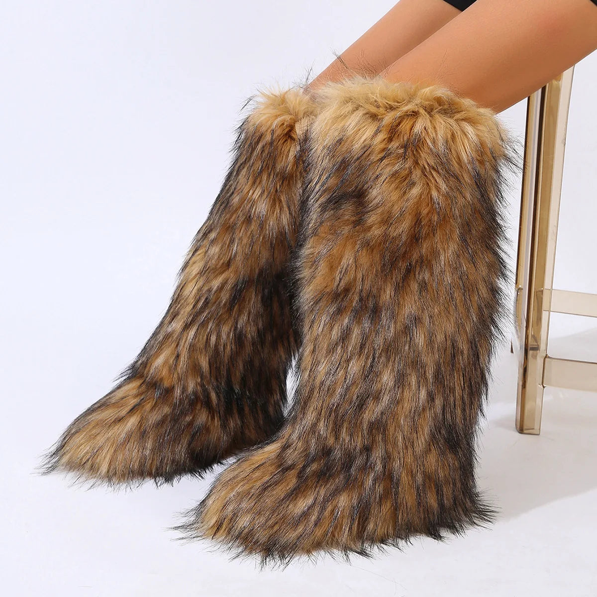 Women's Winter Thigh High Fluffy Plush Knee High Fur Faux Boots