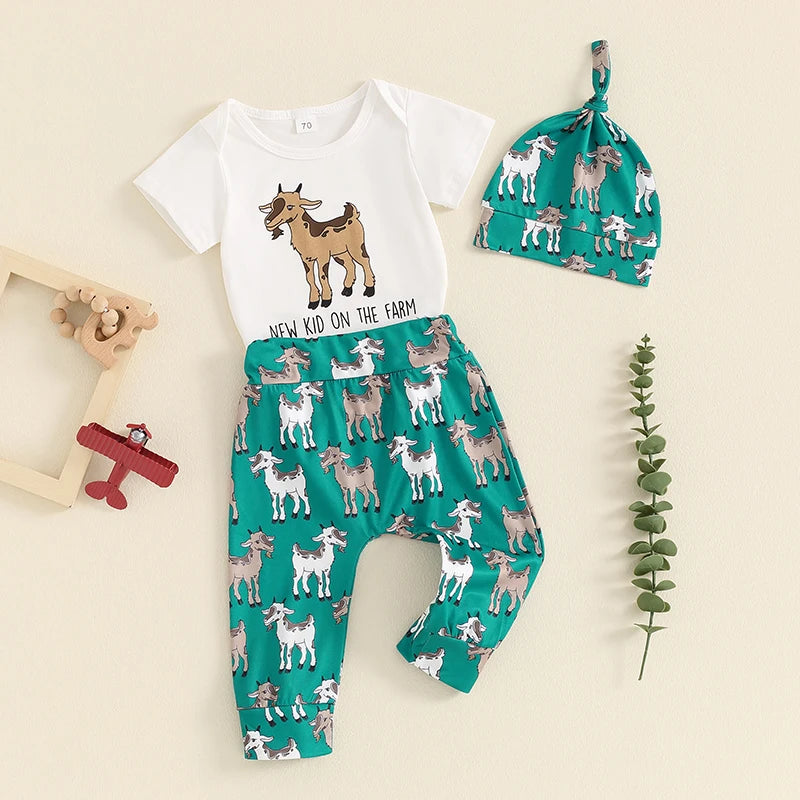 0-18M 3pcs Baby Boys Western Clothes Set - Cow/Cartoon Letter Print Short Sleeve Romper with Pants and Hat