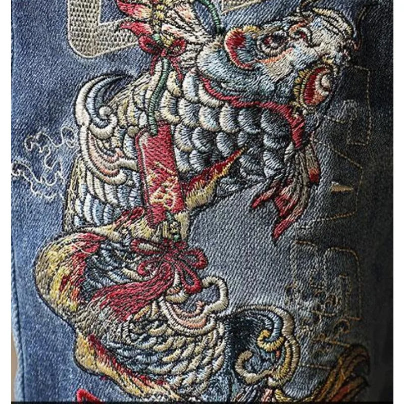 Men's Chinese Embroidered Slim Jeans - Elastic Fit