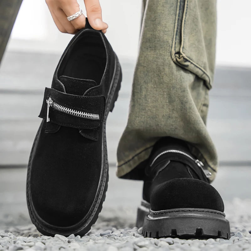 Men's Suede Leather Platform Work Shoes - Zipper Business Sneakers