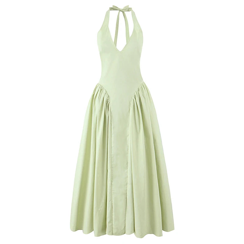 Backless Green Halter Dress - Elegant Low Waist A-Line Midi Dress
