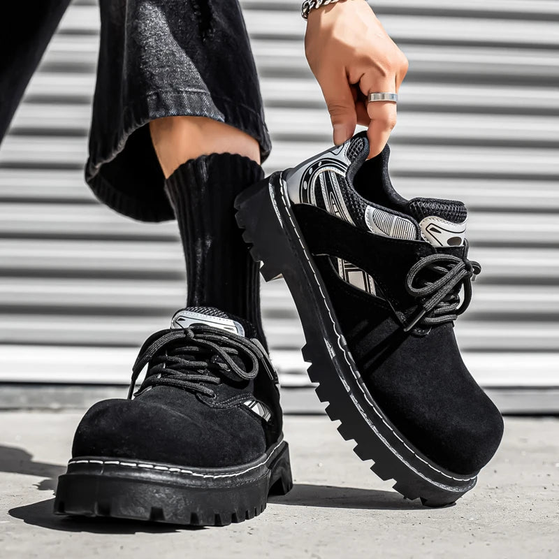 Men's Platform Suede Sneakers - Lace-Up Casual Outdoor Shoes