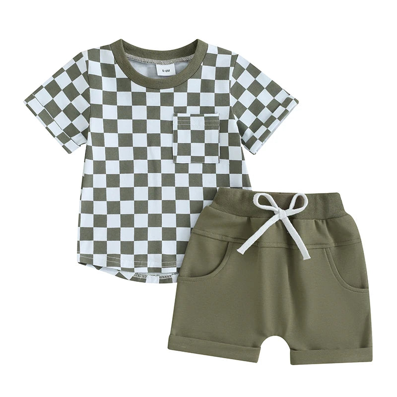 2pcs Toddler Baby Boys Clothes Set 0-3Y Short Sleeve Plaid Print Pocket T-shirt with Shorts Summer Outfit