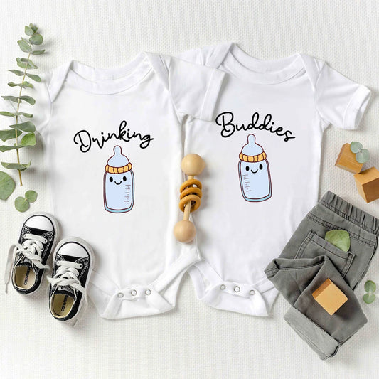 "Drinking Buddies " Funny Twin Baby Romper Bodysuit Summer Cotton Short Sleeve Outfits