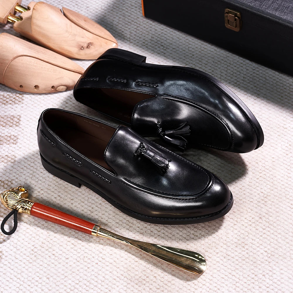 Classic Men's Tassel Loafers Genuine Leather Handmade Slip on Comfortable Office Wedding Shoes