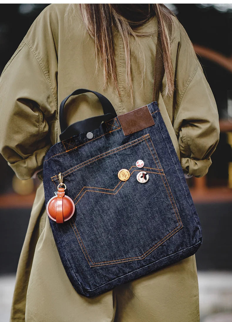 Women's Workwear American Retro Shoulder Crossbody Denim Embroidery Large Capacity Portable Flat Tote Bag