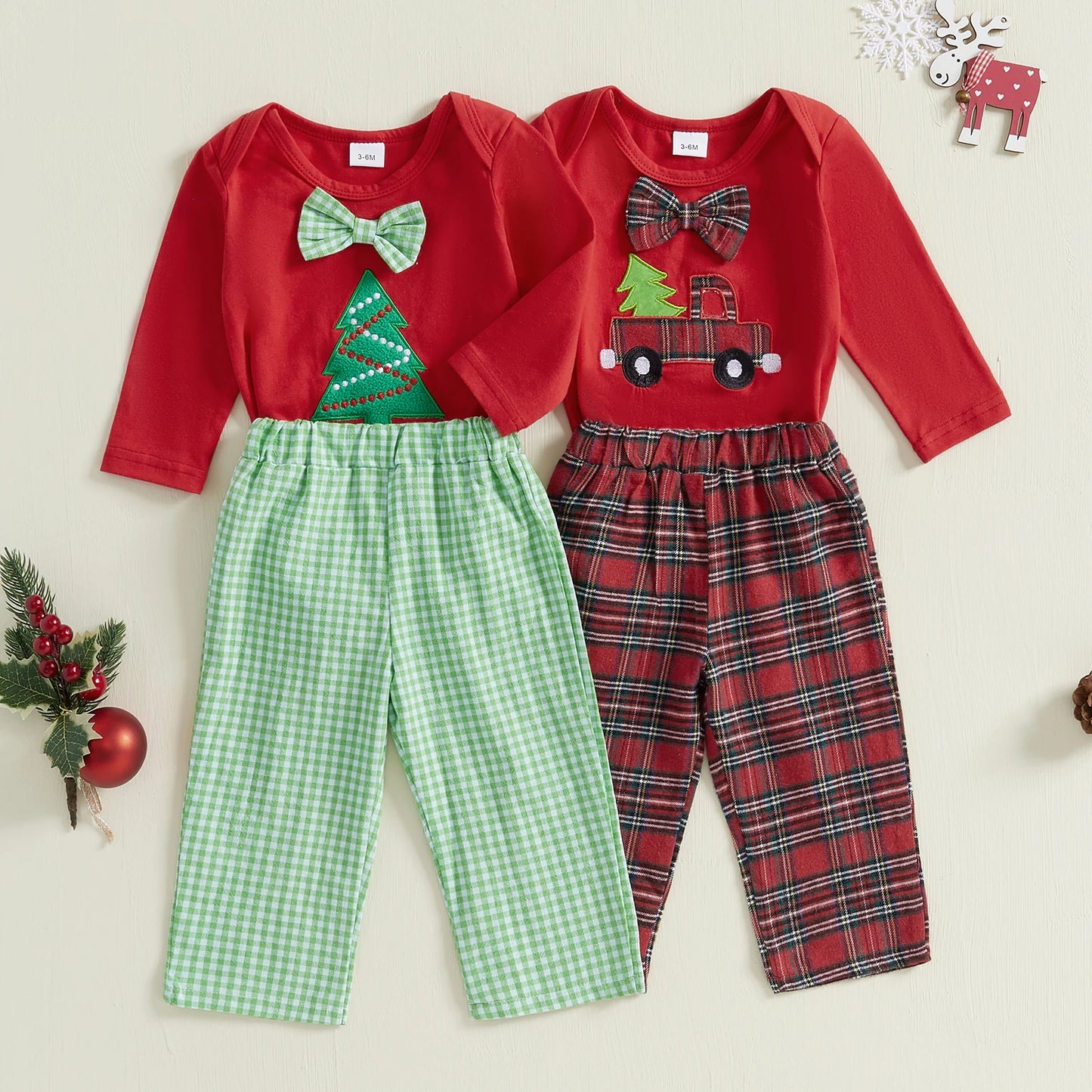 2pcs Baby Boys Christmas Clothes Sets 0-18M = Xmas Tree/Truck Print Bowknot Long Sleeve Romper and Plaid Pants