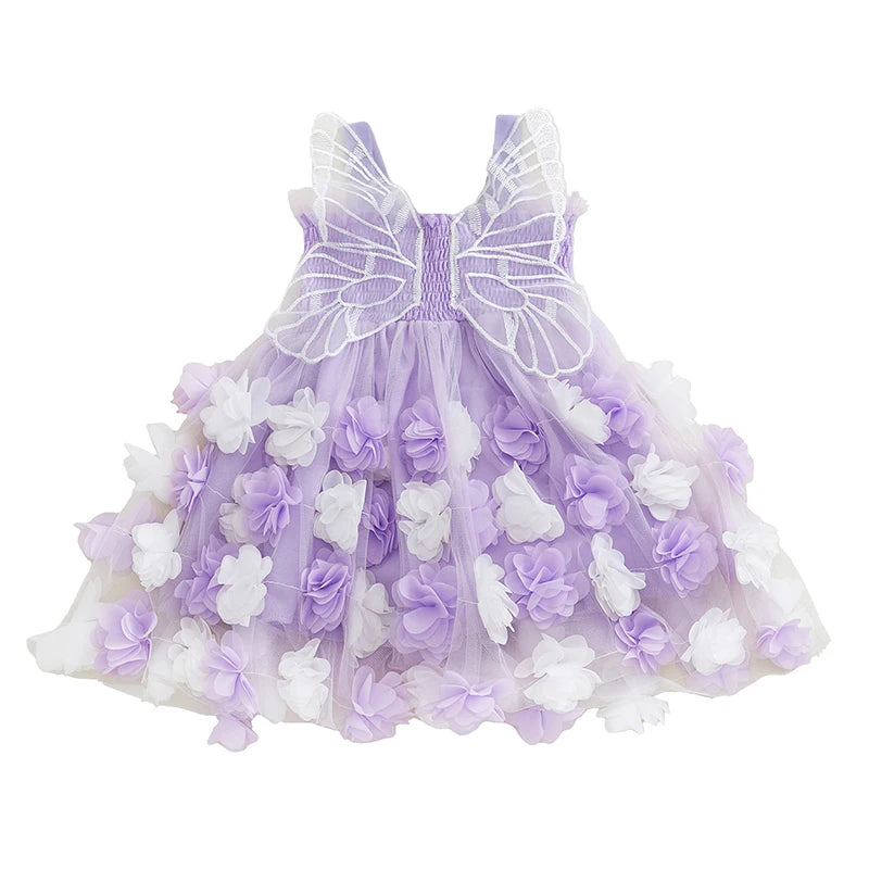 0-4Y Kids Girls Sleeveless Strap 3D Roses Lace Tulle Layered Dress with Wings