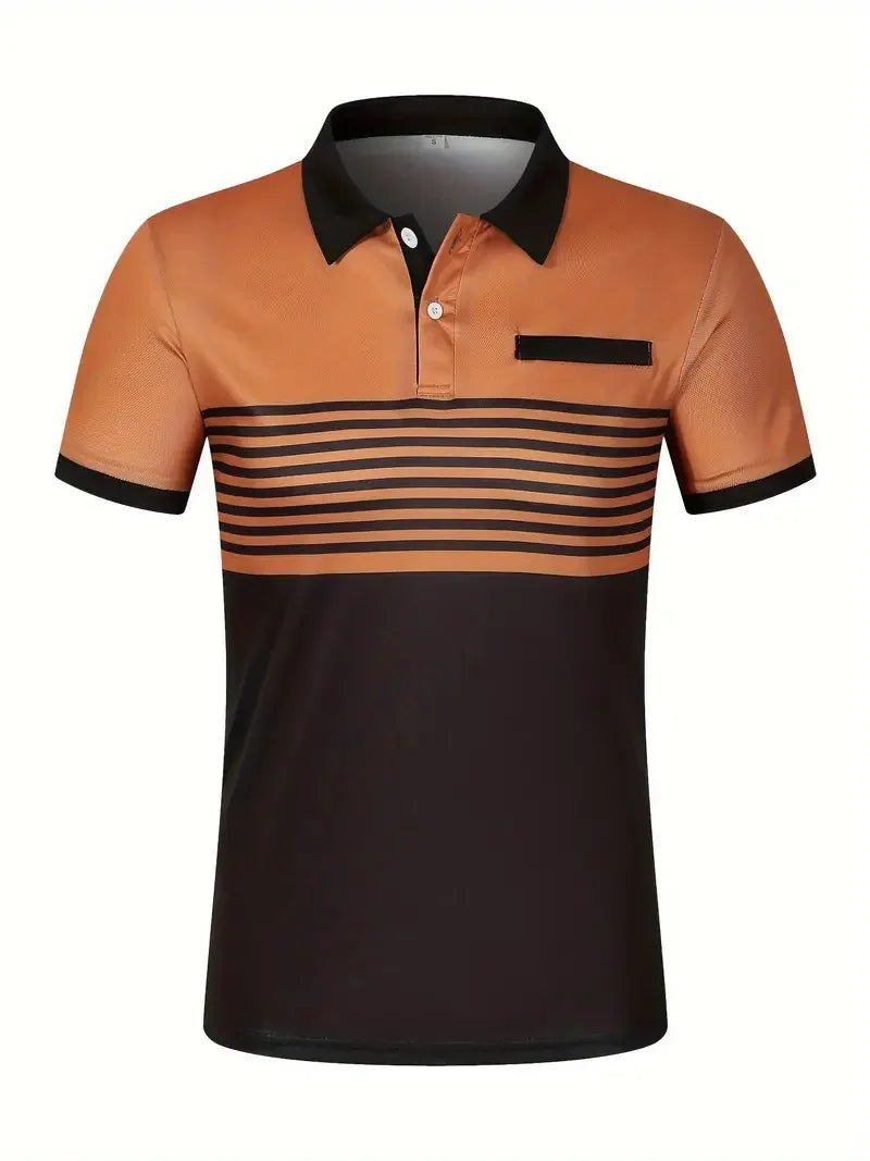 Men's Summer Polo Patchwork Short Sleeve Smart Casual Striped Turn Down Collar Shirt