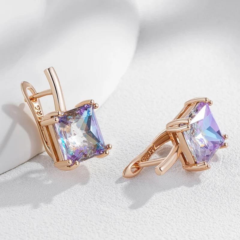 Square Purple Natural Zircon English Earrings for Women 585 Rose Gold