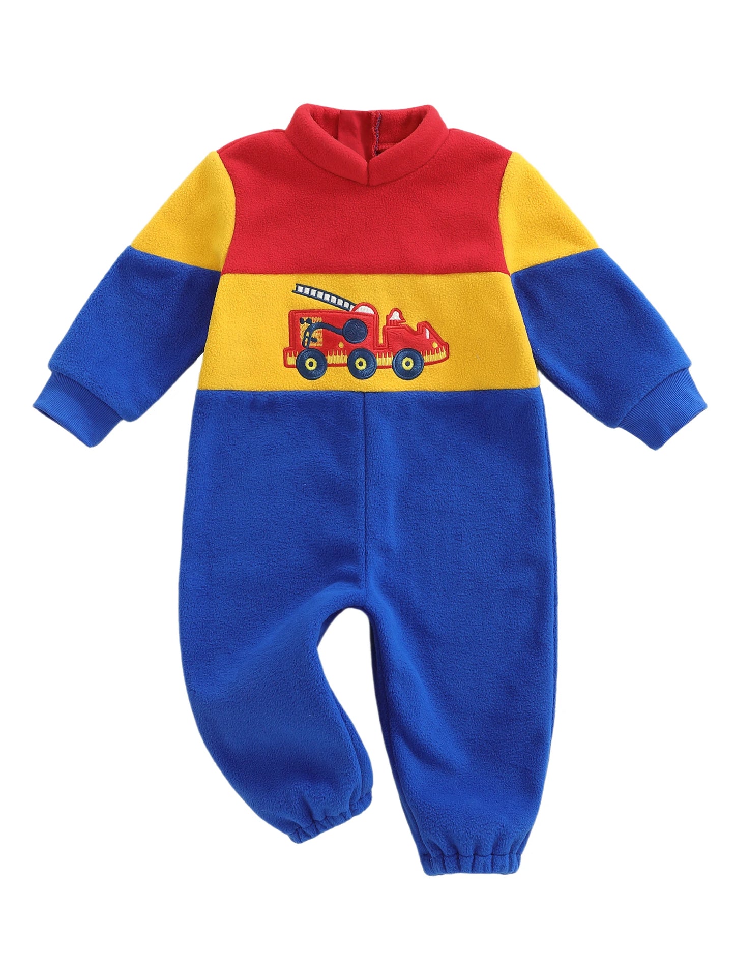 Infant Baby Boys Fall Winter Fleece Romper - Contrast Color Truck Embroidery Mock Neck Jumpsuit