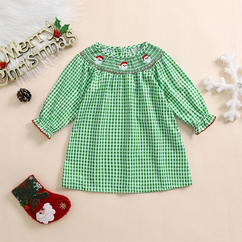 Christmas Santa Embroidery Plaid A-Line Dress - Girls Long Sleeve Festive Dress