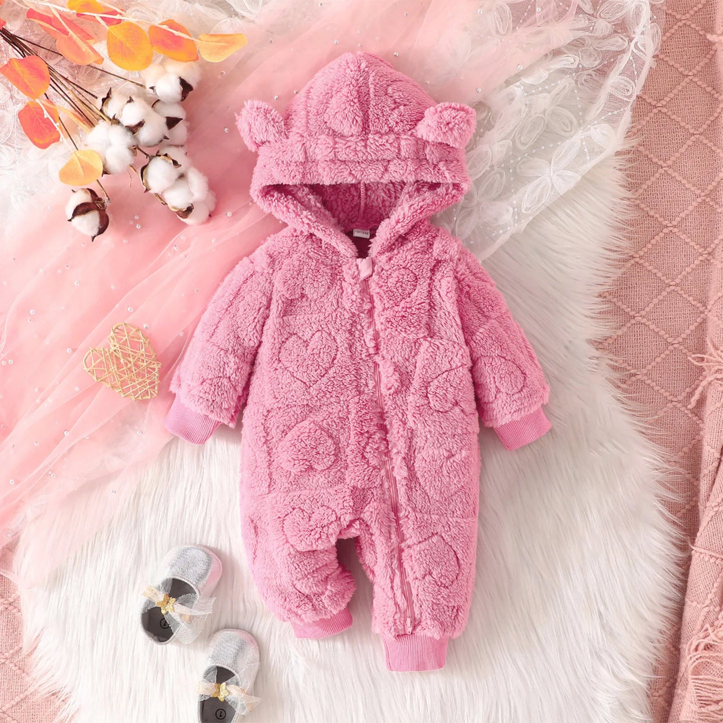 Baby Girls Boys Warm Romper 0-18M Solid Plush Hooded Long Sleeve Jumpsuits