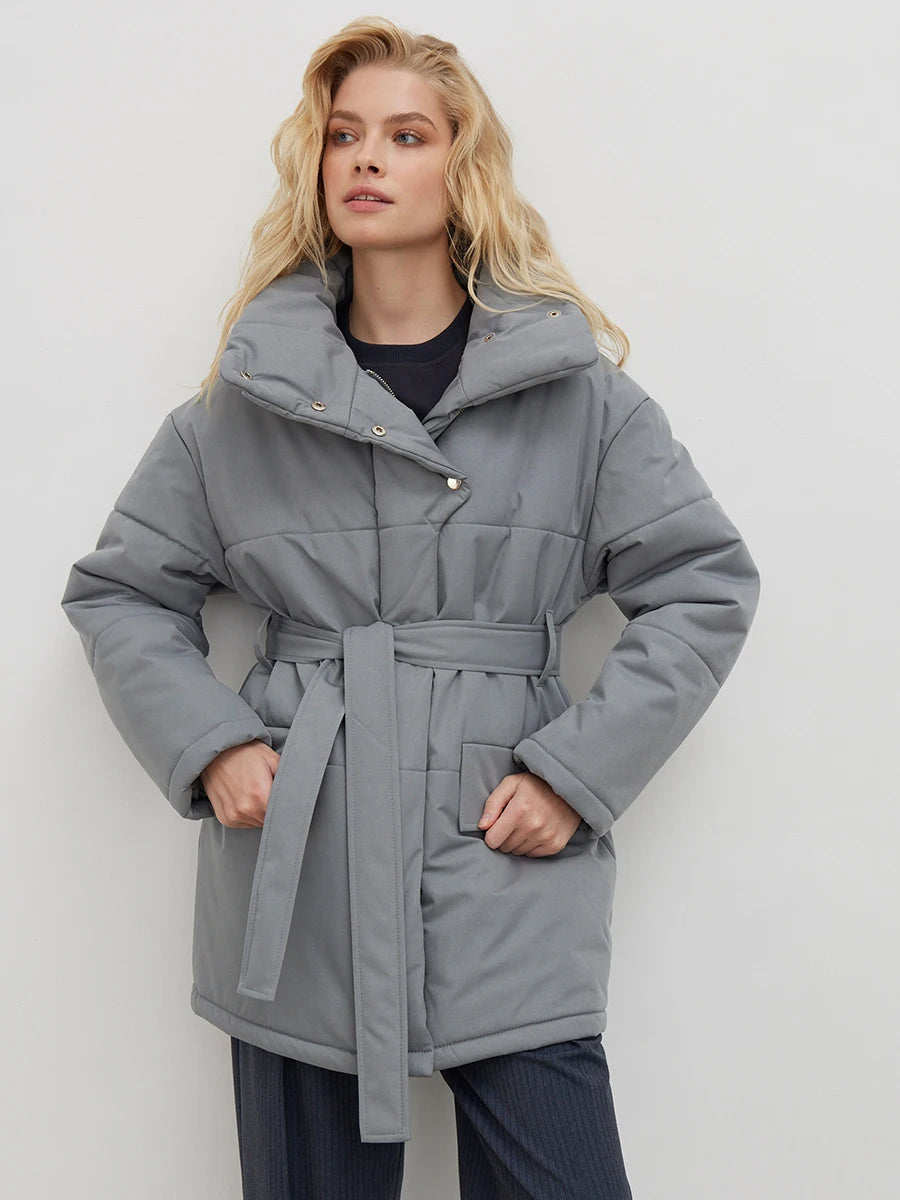 Women's Quilted Loose Parkas Coat Vintage Belted Puffer Jacket